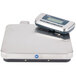 An Edlund stainless steel digital pizza scale with front tare on a metal surface.