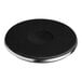 A black Vulcan French E.G.O. plate with a circular hole in it.