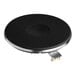 A black circular plate with a metal frame.