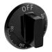 A close-up of a black Vulcan thermostat knob with white text that says "off"