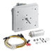 A metal square with a small metal box and wires inside, with a metal rod.
