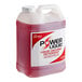 A white plastic jug of Noble Chemical Power Concentrated Liquid Dish Washing Machine Detergent with red liquid inside.