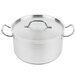 A silver Vollrath sauce pot with handles and a lid.