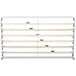 A gray metal rack with wooden bars for holding paper rolls.