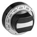 A round black and silver knob with white numbers on it.