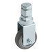 A metal caster wheel with a plastic knob.