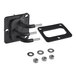 A black metal Cleveland steam equipment mounting plate with metal parts and holes.