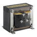 A black transformer with silver metal corners on a black box.