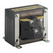 A black Cleveland transformer with metal corners and two black wires.