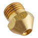 A close-up of a brass threaded Vulcan orifice with a gold nut and a small hole.