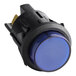 A blue push button switch with a black base.
