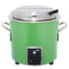 A green Vollrath stock pot kettle with a lid.