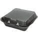 A black Genpak foam container with 3 compartments and a hinged lid.