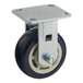 A black and white castor with a metal wheel and plate.