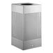 A white rectangular Rubbermaid steel waste receptacle with holes in it.