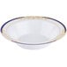 A white bowl with blue and gold trim.