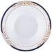 A white Fineline disposable bowl with blue and gold trim.