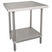 A stainless steel Advance Tabco work table with a galvanized undershelf.