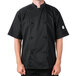 A man wearing a black Mercer Culinary chef coat with cloth knot buttons.