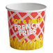 A white container with red and yellow text that says "Hot and Fresh French Fries" containing French fries.