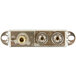 A close-up of a silver All Points Bi-Metal Thermostat with two gold connectors.