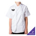 A person wearing a Mercer Culinary white chef jacket with short sleeves and cloth knot buttons.