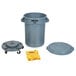 A grey Rubbermaid® trash can with wheels and accessories.