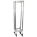A metal Channel Lo Profile nesting steam table pan rack with shelves on wheels.