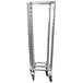A metal Channel bun pan rack with wheels.