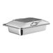 An Acopa stainless steel rectangular chafer with a glass top and soft-close lid.