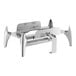 A silver metal Acopa Voyage full size chafer stand with legs.