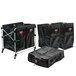 A Rubbermaid laundry cart with black bags and cover.