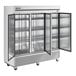 A True stainless steel reach-in refrigerator with solid doors.