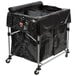 A black Rubbermaid laundry cart on wheels.