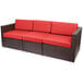 A BFM Seating Aruba Java wicker armless chair with red cushions.