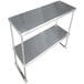 A silver stainless steel double deck overshelf on a counter.