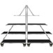 a metal shelf with black shelves