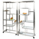 A stainless steel rolling buffet serving cart with clear acrylic shelves.