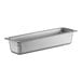 A Vollrath stainless steel rectangular pan with a handle.