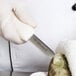 A person in a white glove using a Dexter Russell Boston Style Oyster Knife to cut a rock.