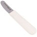 A close-up of a Dexter-Russell clam knife with a white textured handle.