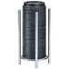 A black cylinder cup and lid organizer with metal legs.