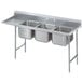 A stainless steel Advance Tabco three compartment sink with left drainboard.