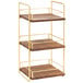 A Cal-Mil three tier wood and gold wire merchandiser shelf.