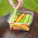 A hand holding a Fabri-Kal Greenware plastic container filled with carrots and celery sticks.