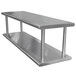 A stainless steel wall mount shelf with two metal shelves on it.