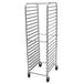 An unassembled Advance Tabco metal sheet pan rack on wheels.