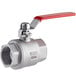 An Avantco stainless steel ball valve with a red handle.