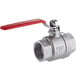 An Avantco stainless steel ball valve with a red handle.