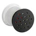 A vacuum breaker replacement part with a black perforated cap and white base, designed for Avantco refrigeration units.